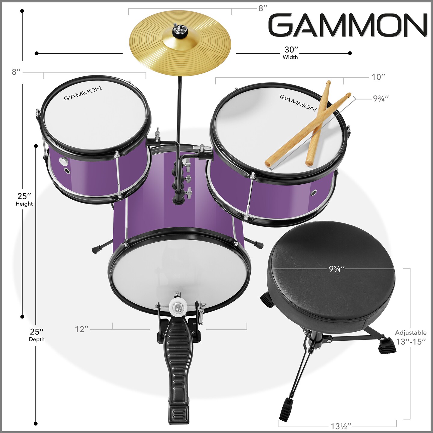 Gammon 3-Piece Junior Drum Set with Throne, Complete Beginner Kit with Bass Drum, Toms, Cymbal, Pedal, and Drumsticks