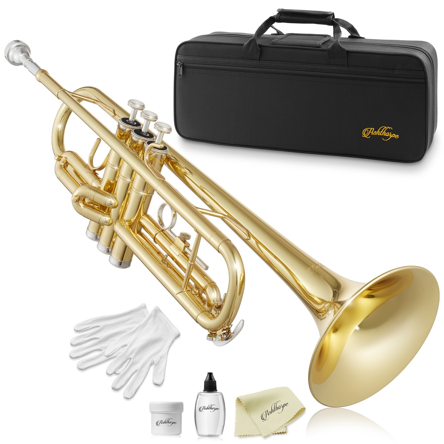 Ashthorpe Standard Bb Trumpet - Includes Case, Mouthpiece, Gloves, Cleaning Cloth, Valve Oil