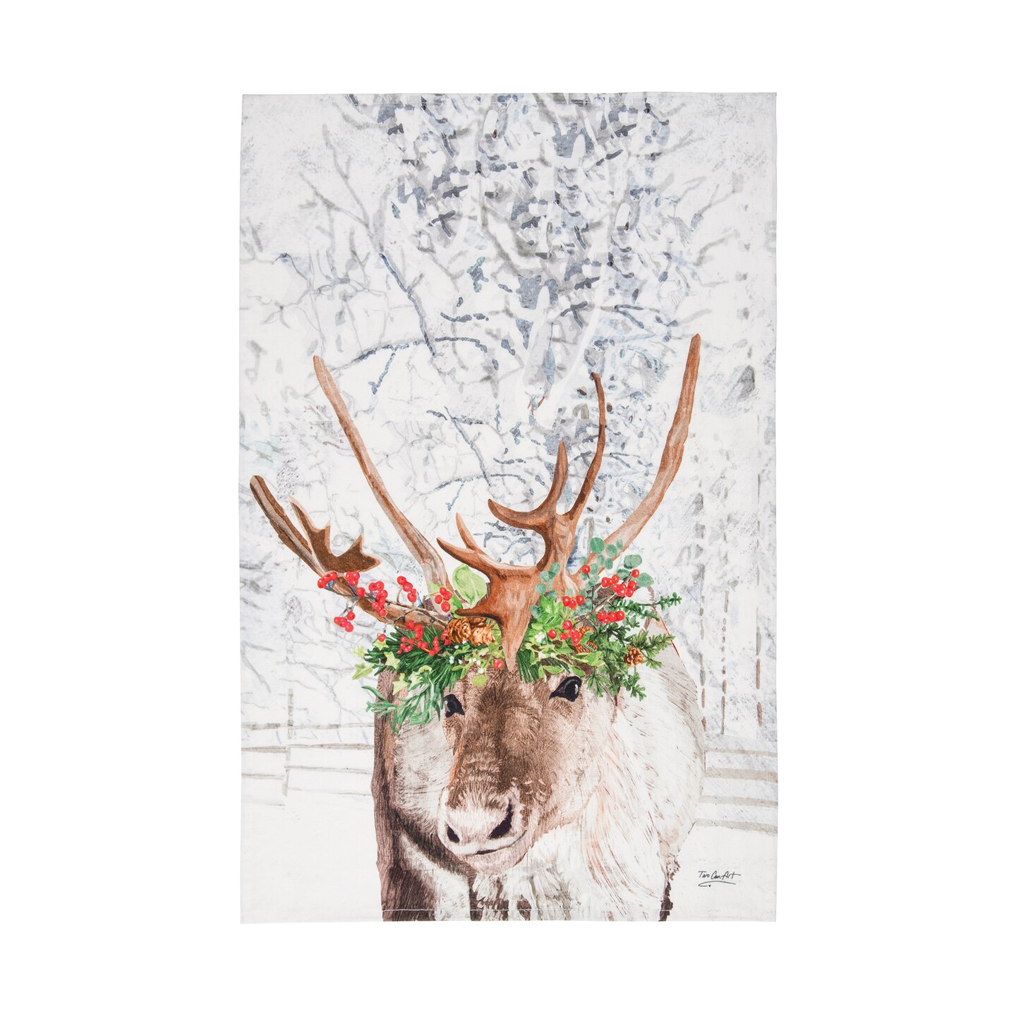 27&#x22; x 18&#x22; Christmas Holiday Winter Reindeer Wearing Red Holly Flower Crown Printed Cotten Kitchen Dish Towel