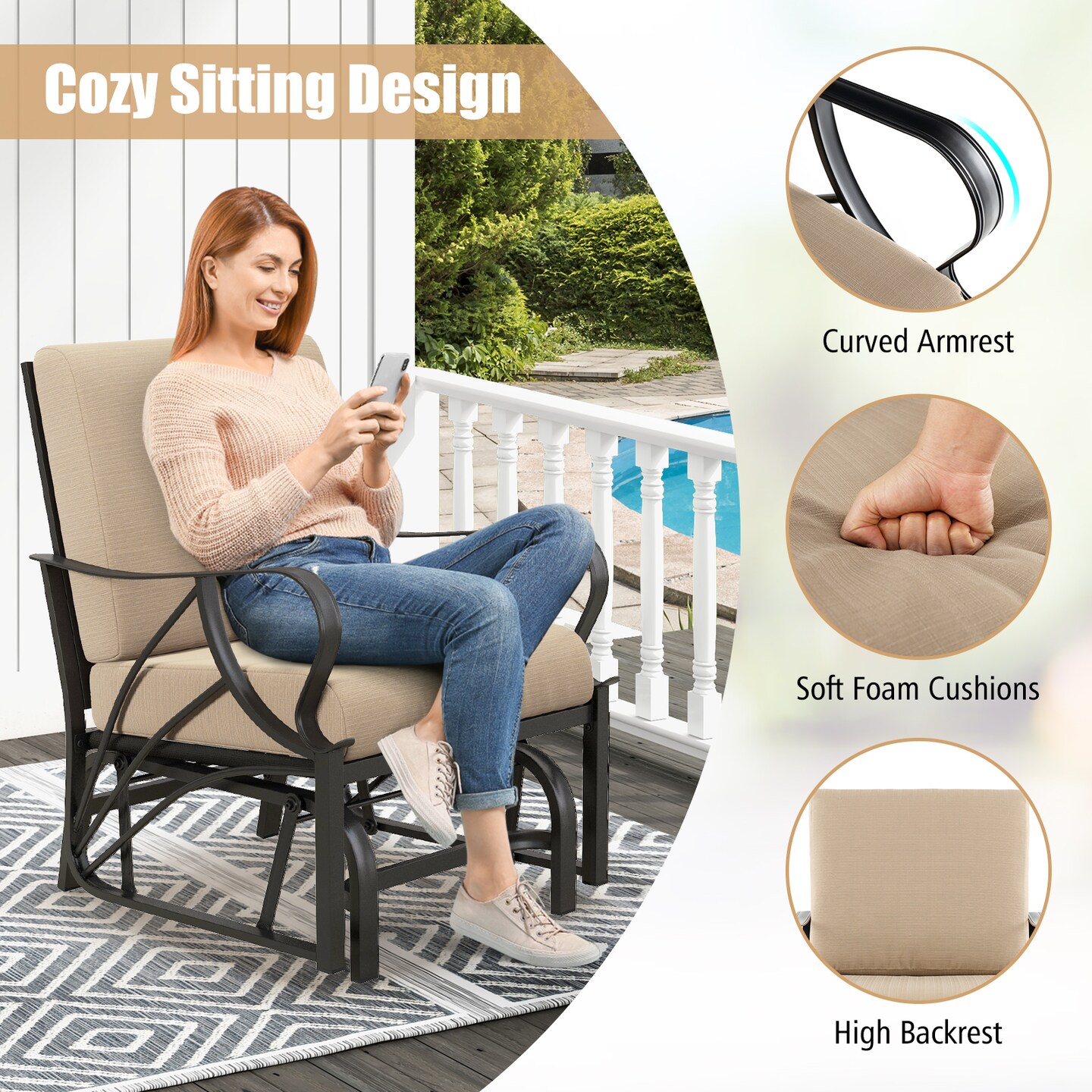 Tan Fabric Patio Glider Chair Outdoor Rocking Bench with High Back and Armrest