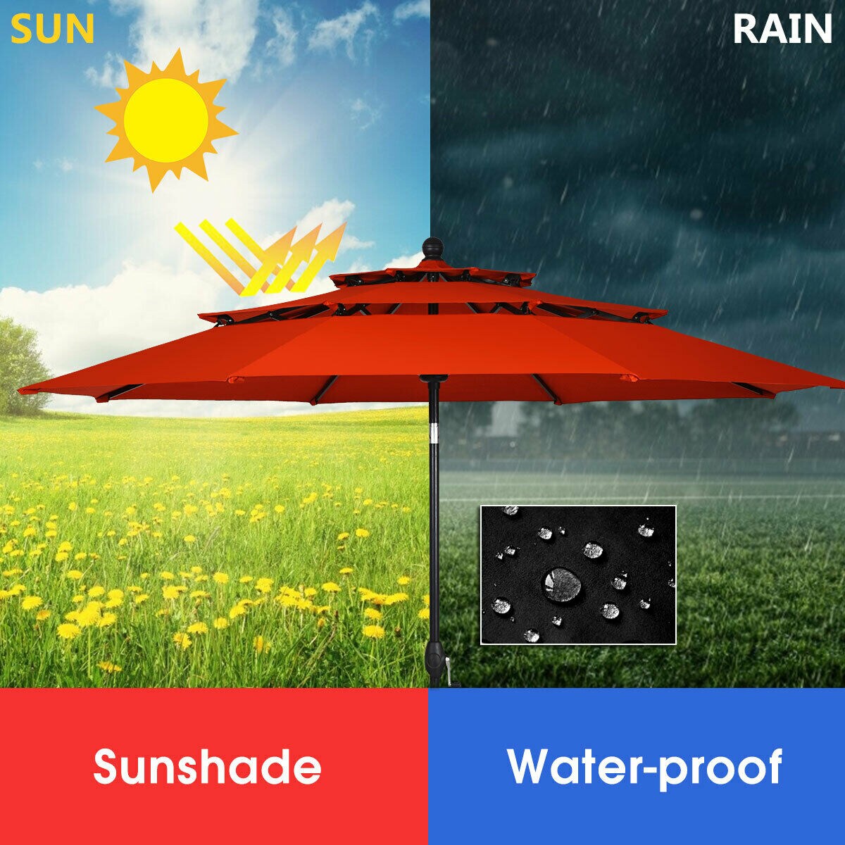 10ft 3 Tier Patio Umbrella Aluminum Sunshade Shelter Double Vented without Base