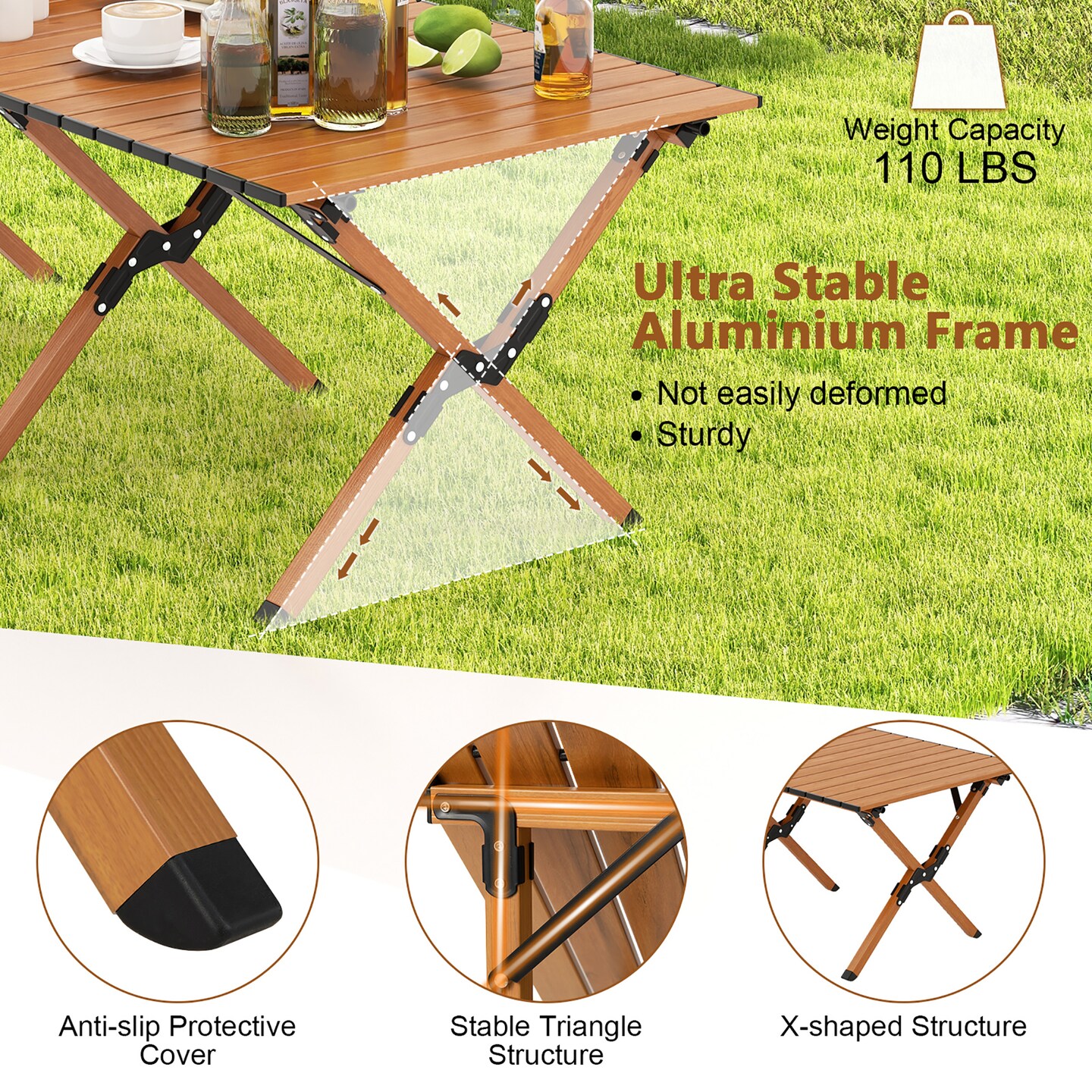 Costway Folding Aluminum Camping Table with Carry Bag Roll-Up Picnic Table with Wood Grain
