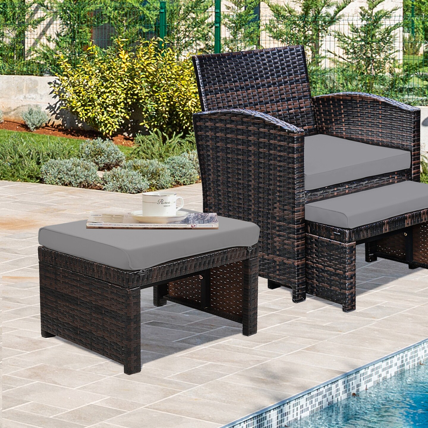2 Pieces Patio Rattan Ottomans With Soft Cushion For Patio and Garden