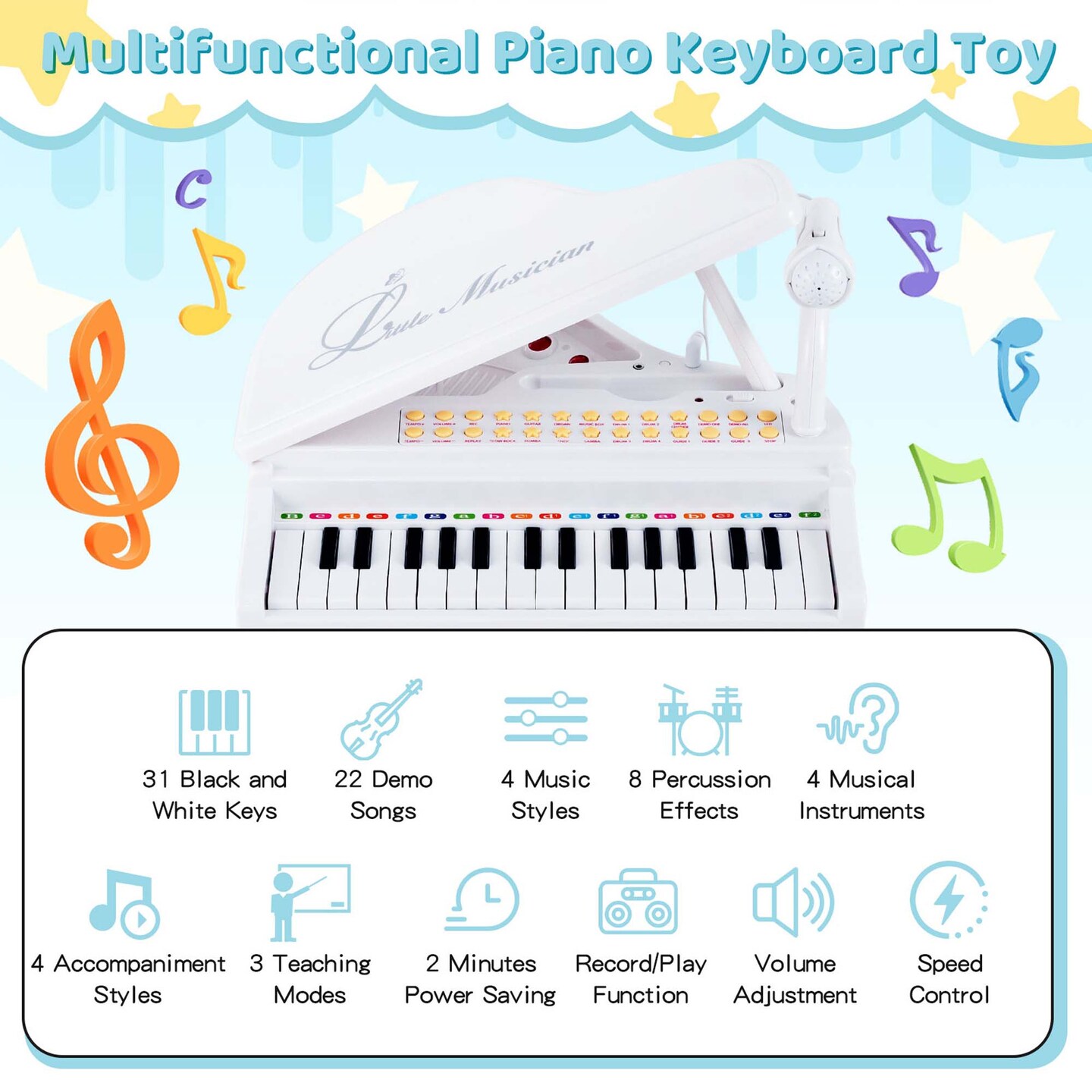 Costway 31 Keys Kids Piano Keyboard Toy Toddler Musical Instrument with Stool & Microphone Black/Pink/White