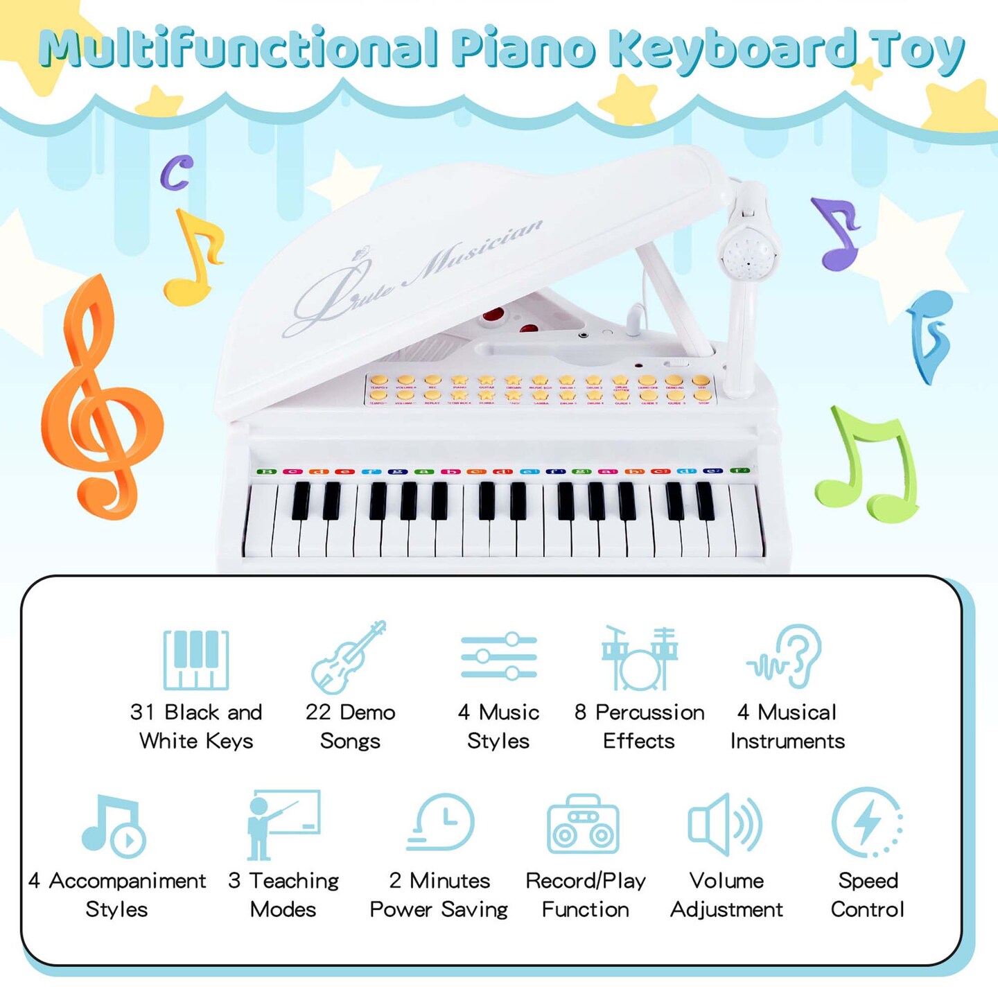 Costway 31 Keys Kids Piano Keyboard Toy Toddler Musical Instrument with Stool &#x26; Microphone Black/Pink/White