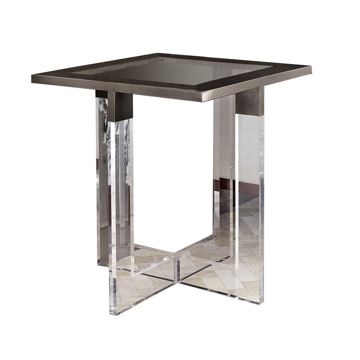 Saltoro Sherpi Greig 22 Inch Square End Table, Geometric Base, Clear Acrylic, Glass Top-