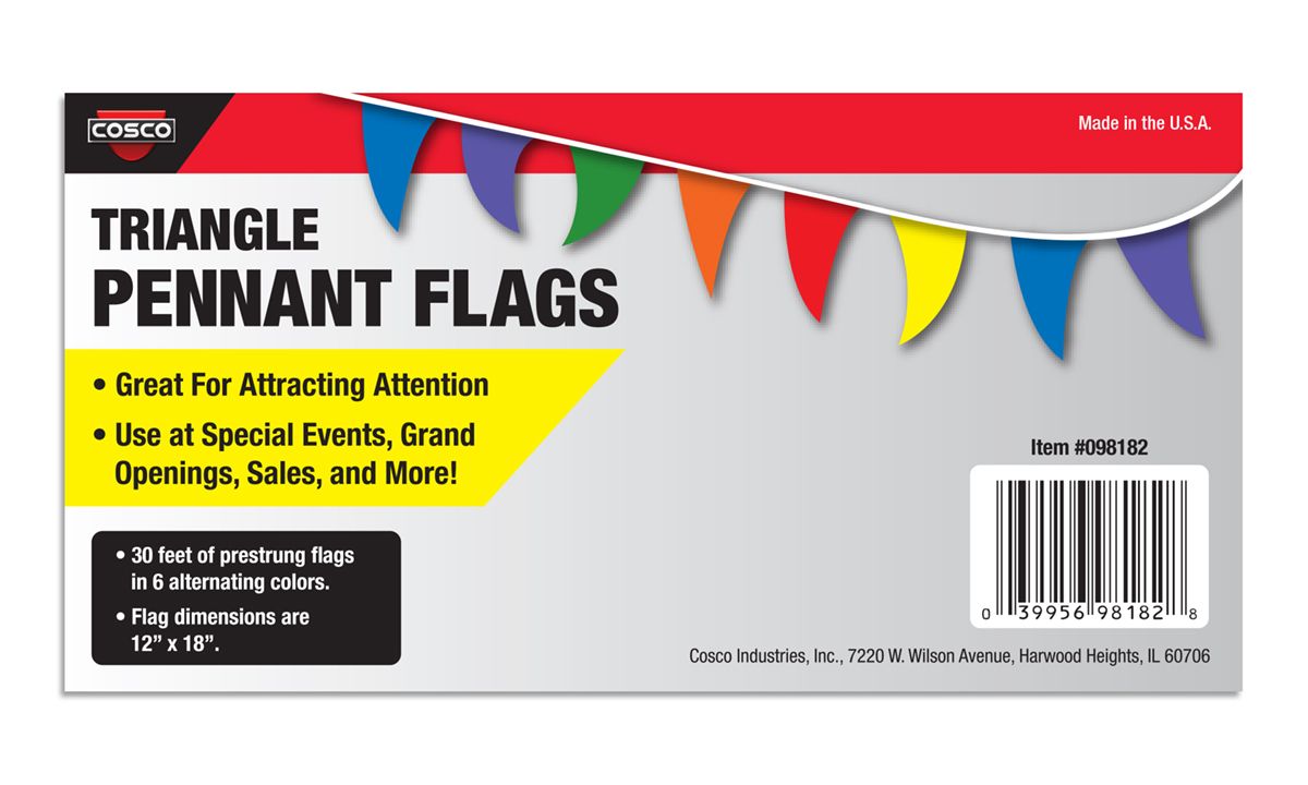 COSCO Flag Pennant Banner, Prestrung, 12" wide x 18" assorted color pennant flags, 30' Banner