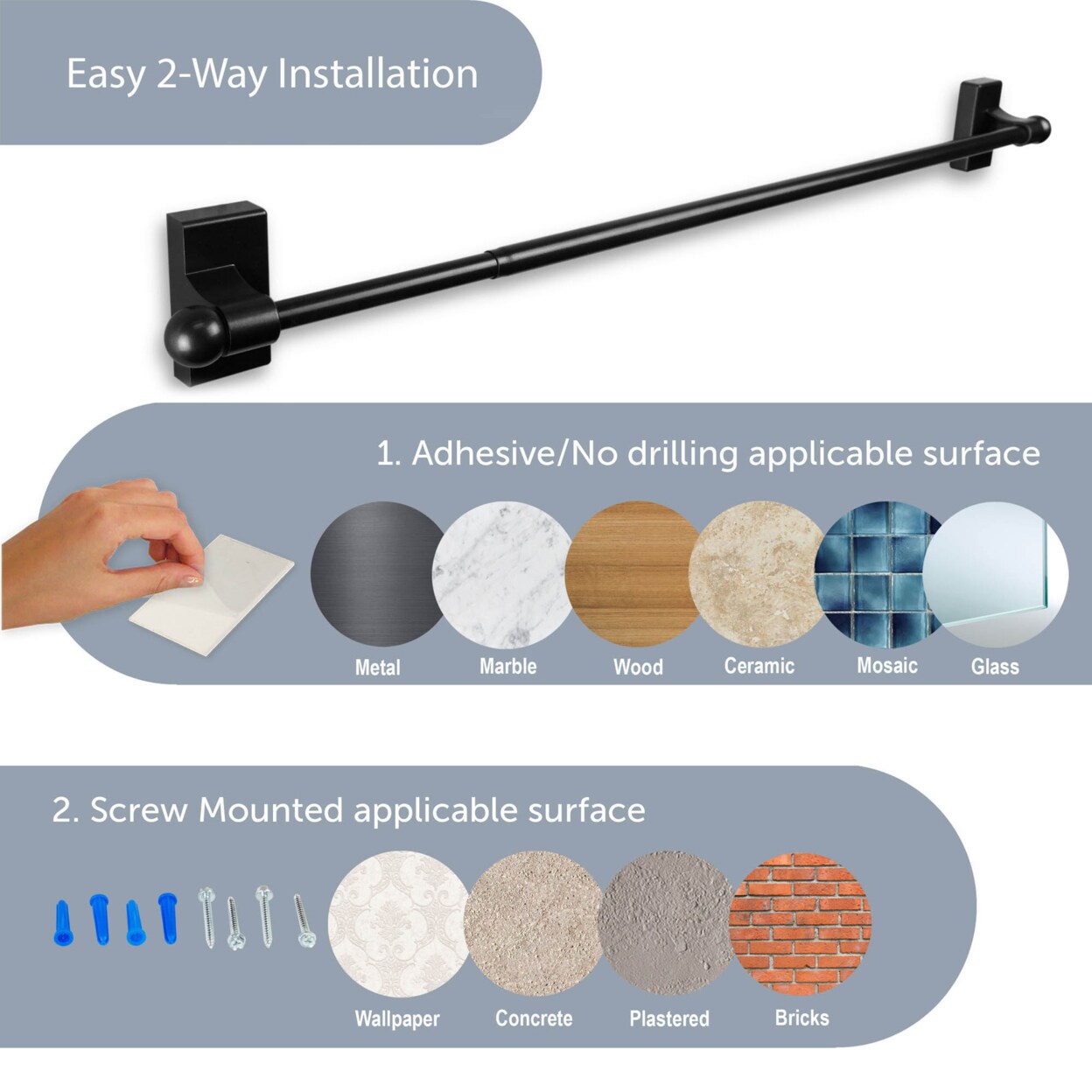 Hermosa Home Decorative Self-Adhesive, Wall Mount Rod 9-16&#x22; Long - Black (Set Of 2)