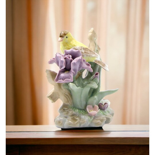Ceramic Goldfinch Bird Figurine With Iris Flower 4.625 Inch Gift