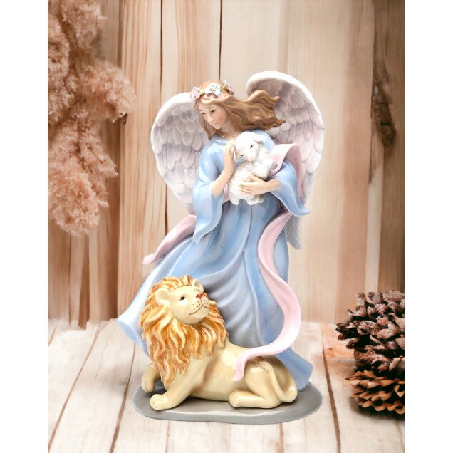kevinsgiftshoppe Ceramic Angel with Lion and Sheep Music Box Religious Decor Religious Gift Church Decor
