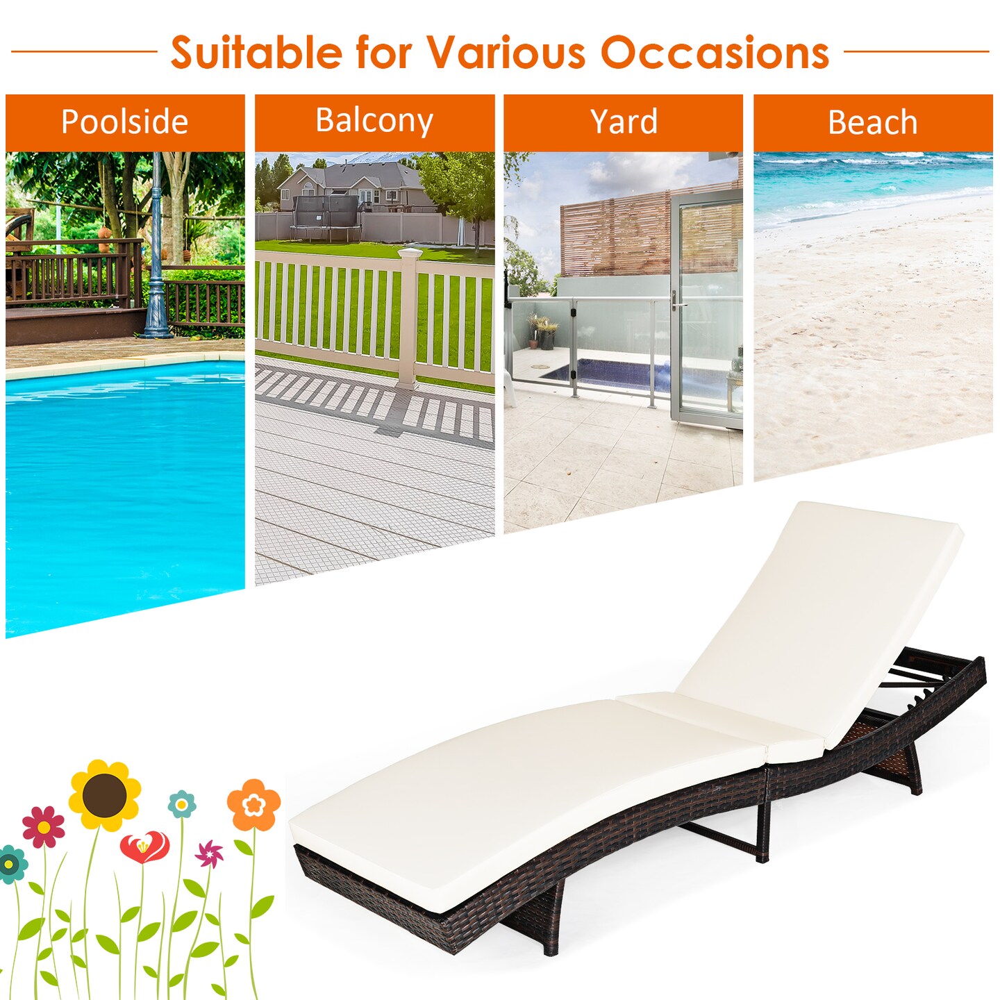 Costway Adjustable Pool Chaise Lounge Chair Outdoor Patio Furniture PE Wicker W/Cushion