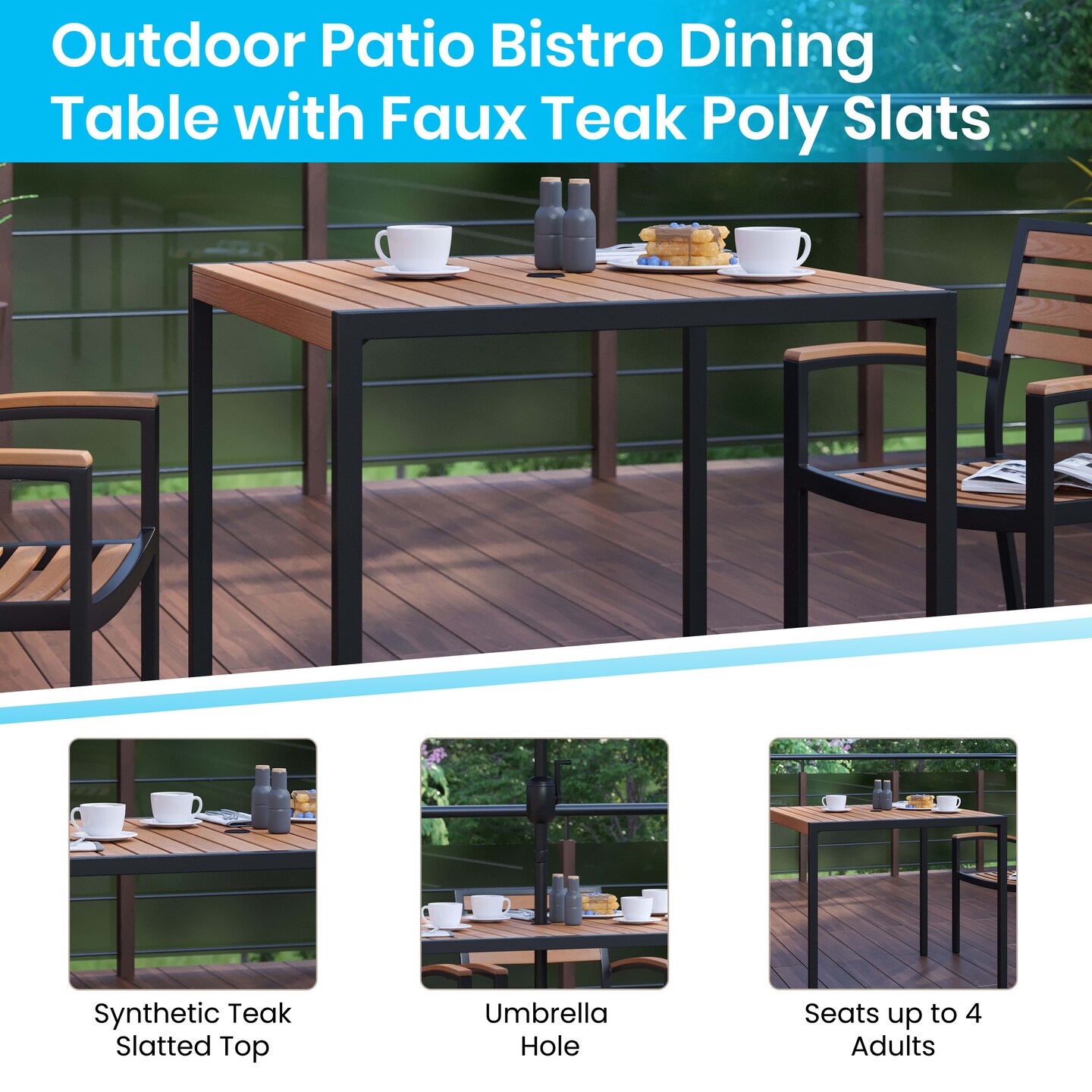 Merrick Lane Hampstead Five Piece Faux Teak Patio Dining Set Includes Table, Two Club Chairs, 9' Patio Umbrella and Base