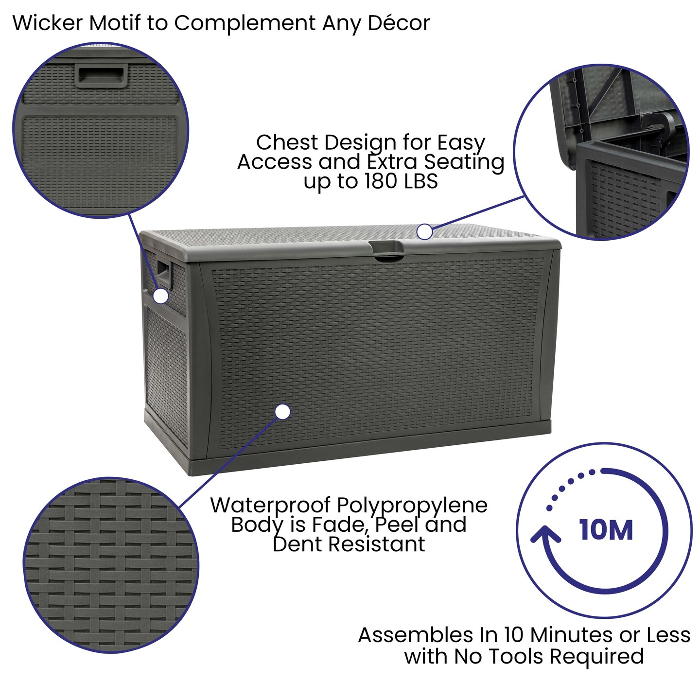 Merrick Lane 120 Gallon Weather Resistant Outdoor Storage Box for Decks, Patios, Poolside and More