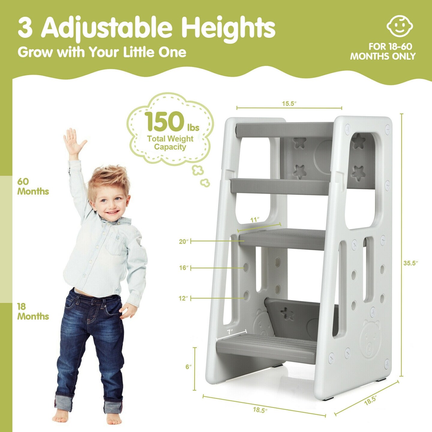 Kids Kitchen Step Stool with Double Safety Rails