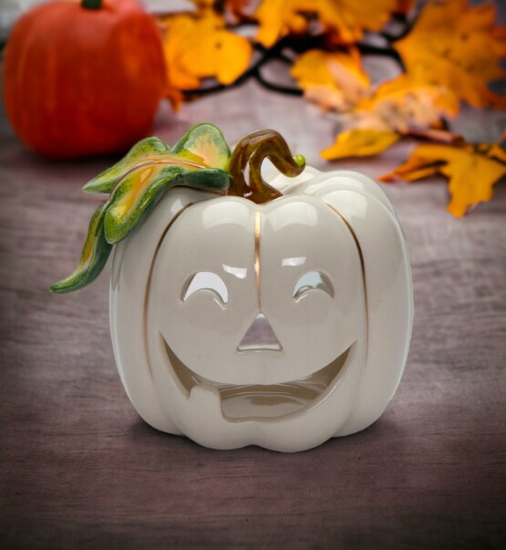 Ceramic White Pumpkin Jack-O-Lantern Tealight Candle Holder, Home D&#xE9;cor, Gift for Her, Gift for Mom, Fall D&#xE9;cor, Halloween D&#xE9;cor