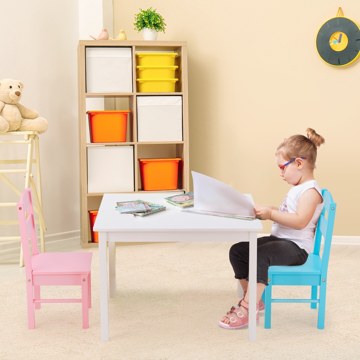 Kids 5 Pieces Table and Chair Set Wooden Children Activity Playroom Furniture Gift