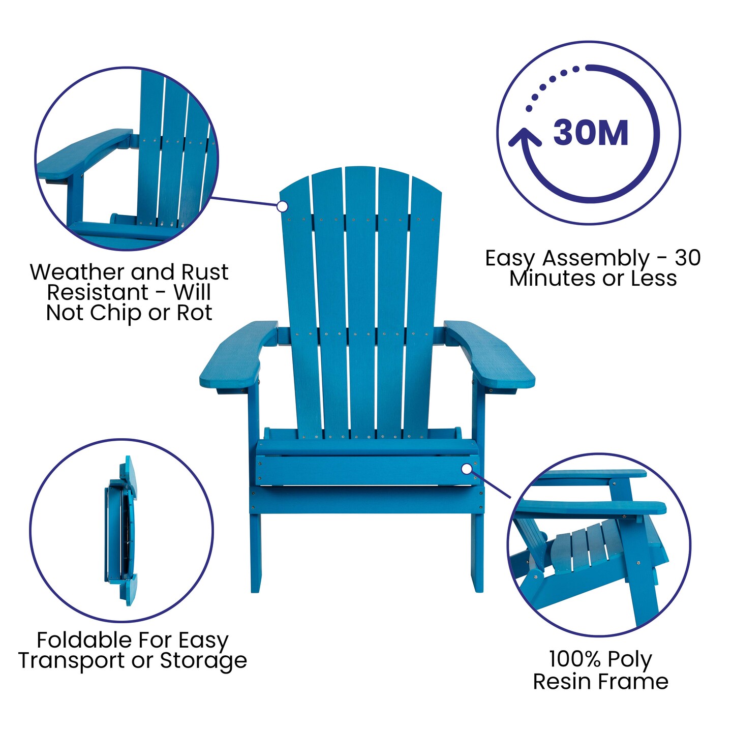 Merrick Lane Set of 4 Riviera Poly Resin Folding Adirondack Lounge Chair - All-Weather Indoor/Outdoor Patio Chair