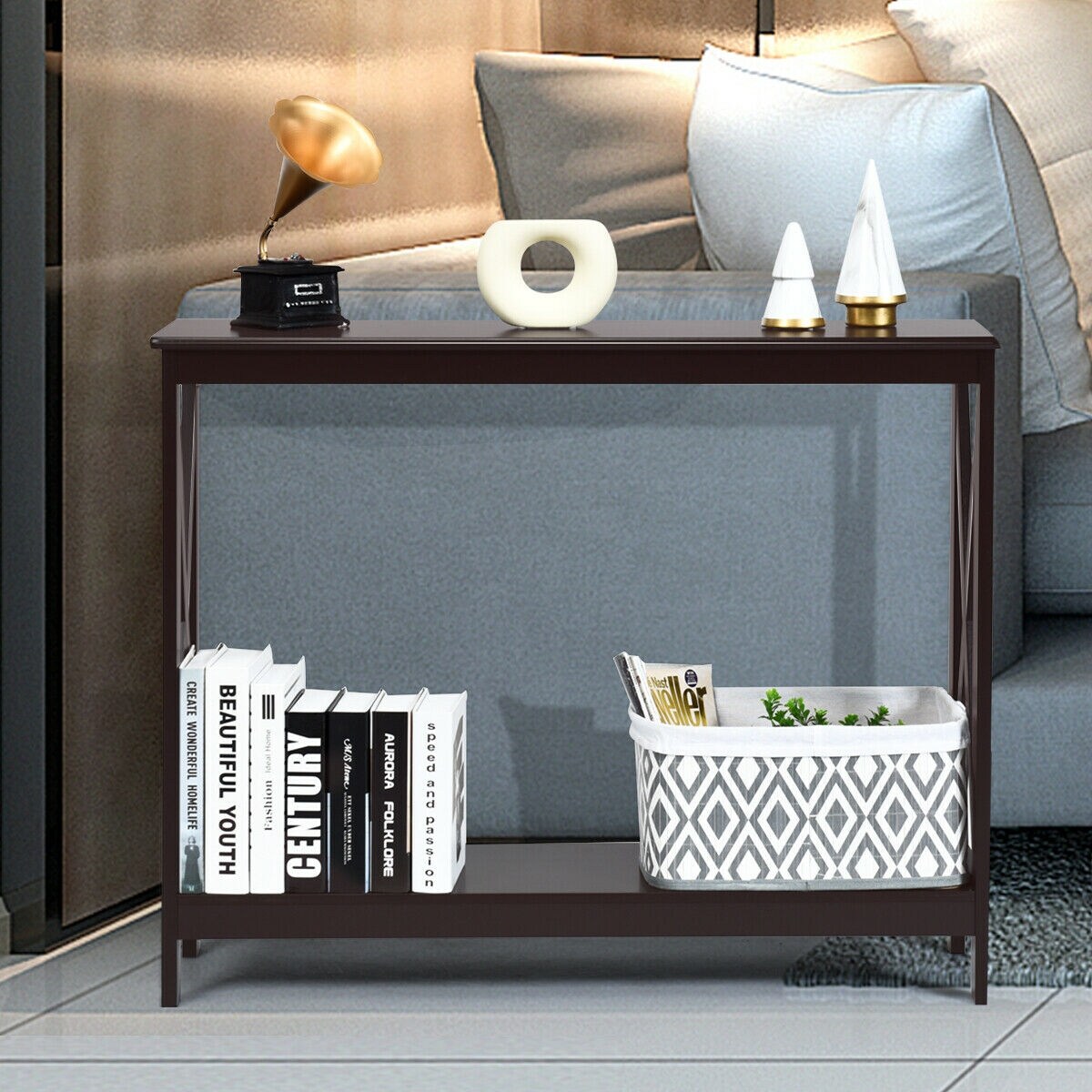 2-Tier Console X-Design Sofa Side Accent Table with Spacious Storage Space