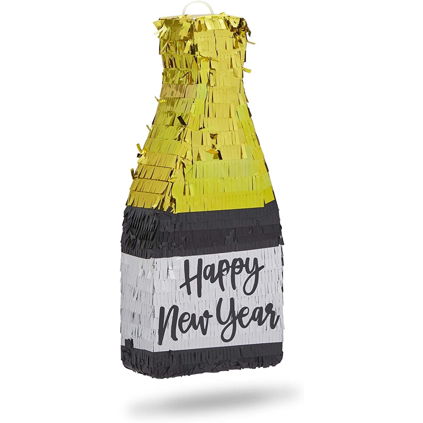 Happy New Year Small Champagne Bottle Piñata, NYE Party Decor (16.5 x 7 x 3 Inches)