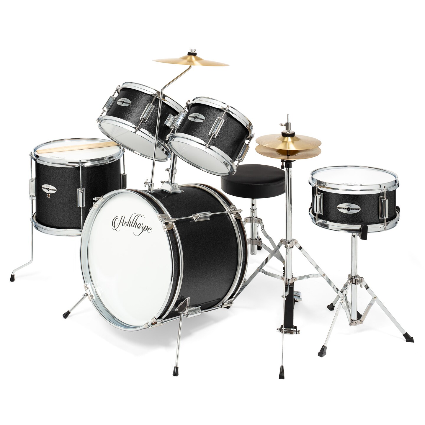 Ashthorpe 5-Piece Complete Junior Drum Set with Genuine Brass Cymbals - Advanced Beginner Kit with 16" Bass, Adjustable Throne, Cymbals, Hi-Hats, Pedals & Drumsticks