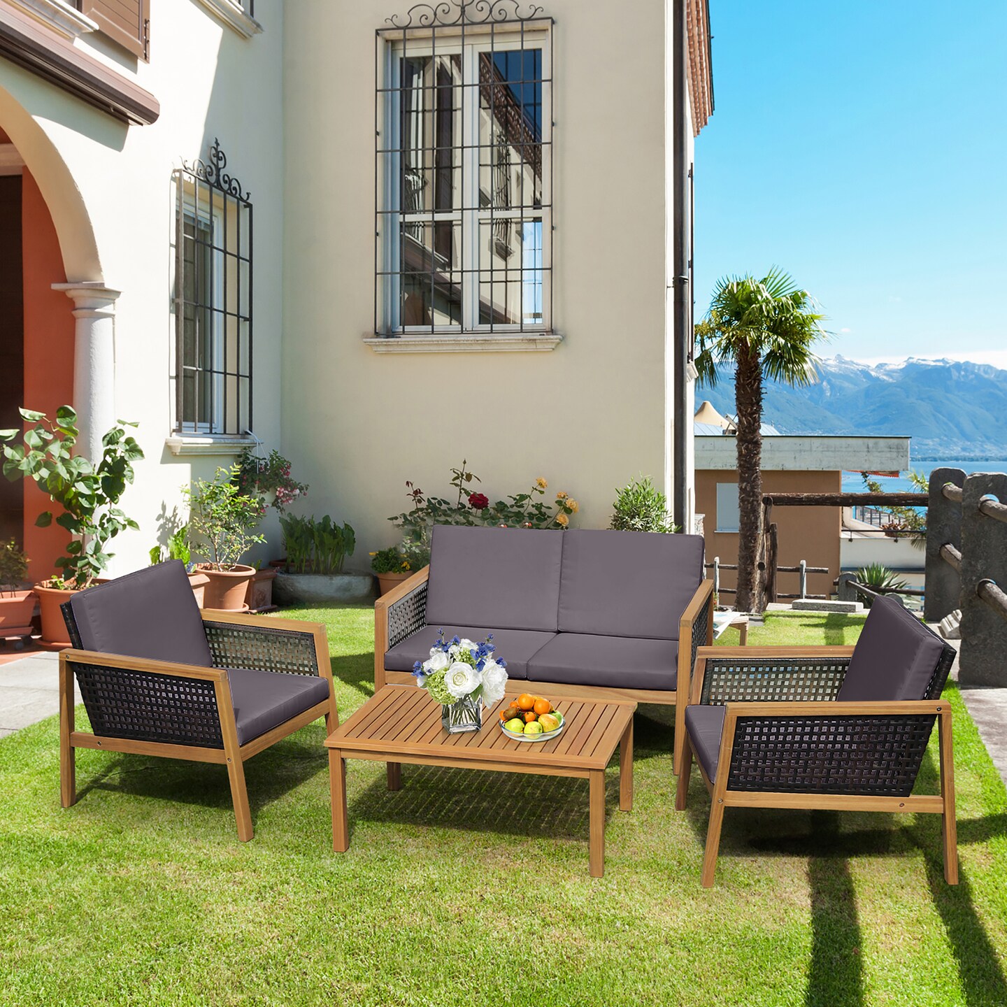 Costway 4PCS Patio Rattan Furniture Set Acacia Wood Cushioned Sofa Gray