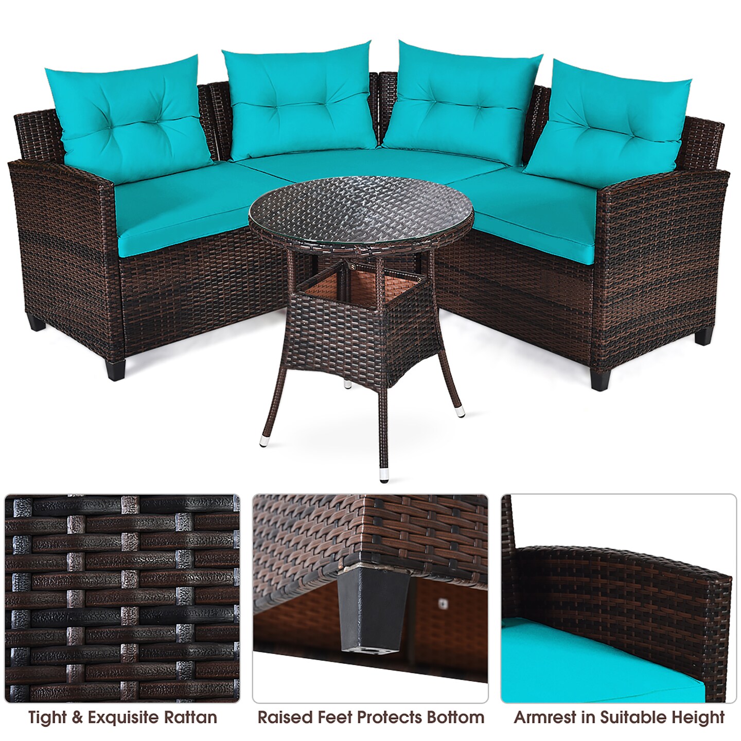 Costway 4PCS Outdoor Patio Rattan Furniture Set Cushioned Sofa Table Turquoise\Black\Navy\Red