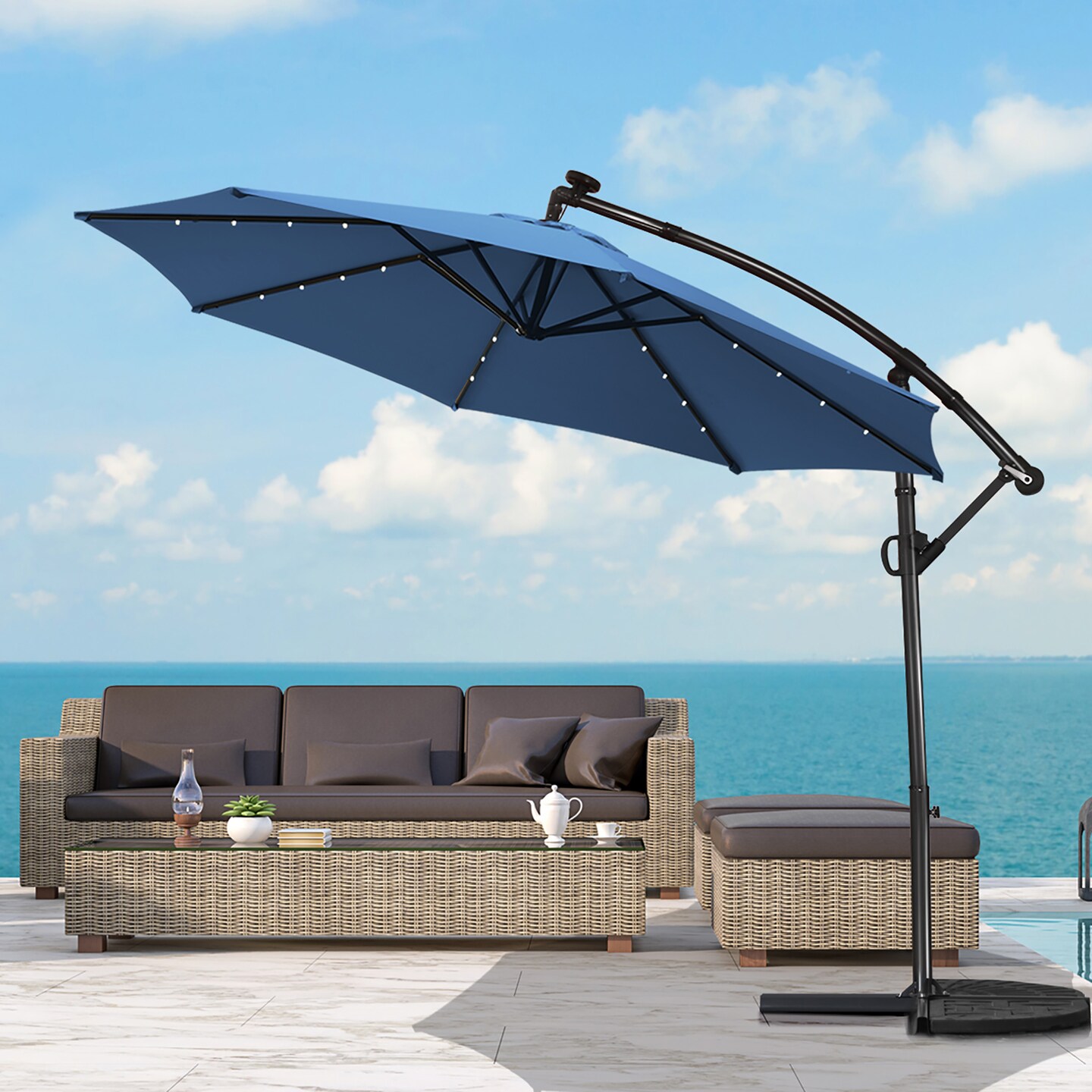 Costway 10FT Patio Offset Umbrella Solar Powered LED 360Degree Rotation Aluminum Blue