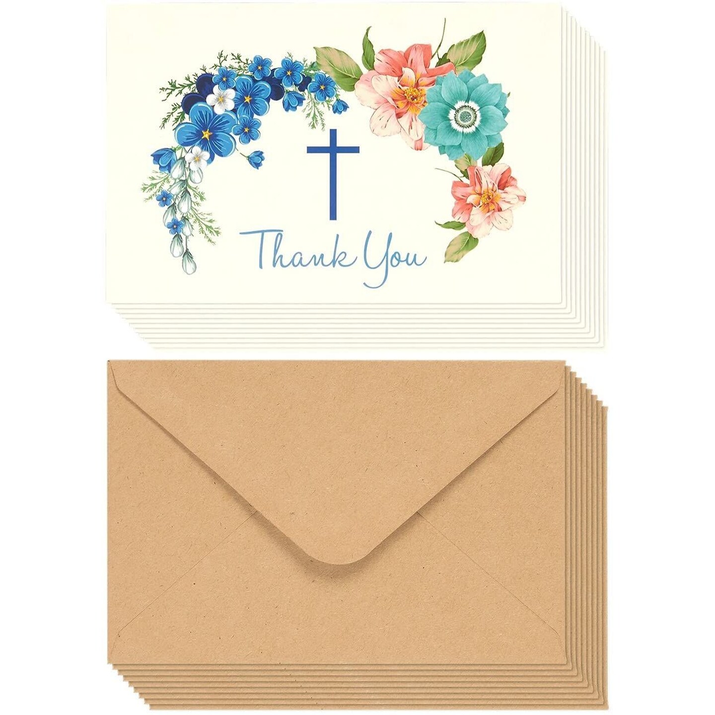 Christian Thank You Cards, Floral Cross Design with Envelopes (4 x 6 In, 48 Pack)