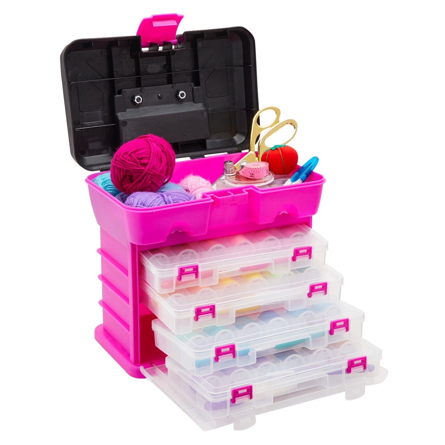 Pink Tackle Box for Women, 4 Drawer, 13 Compartment Tool Storage Organizer  for Crafts, Dolls, Nail Kits, Sewing (10 x 10 Inches)
