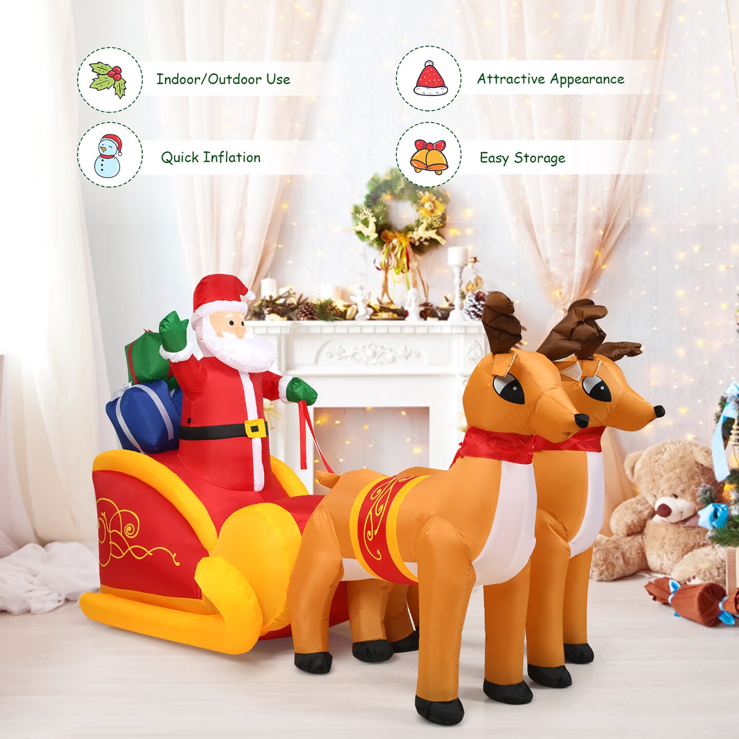 Costway 7.5 Ft Inflatable Santa Double Deer w/Sled Waterproof Christmas Outdoor Decoration