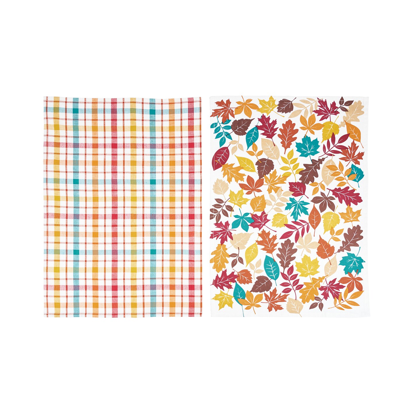 Fall Leaves &#x26; Plaid Printed &#x26; Woven Kitchen Towel Set of 2