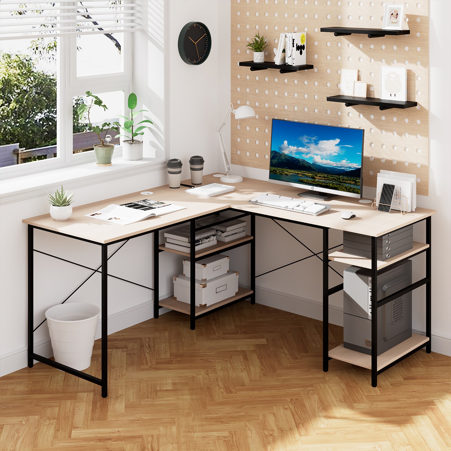 Costway 95&#x27;&#x27; Convertible L-shaped Corner Computer Desk 2-Person Long Desk Shelves Natural
