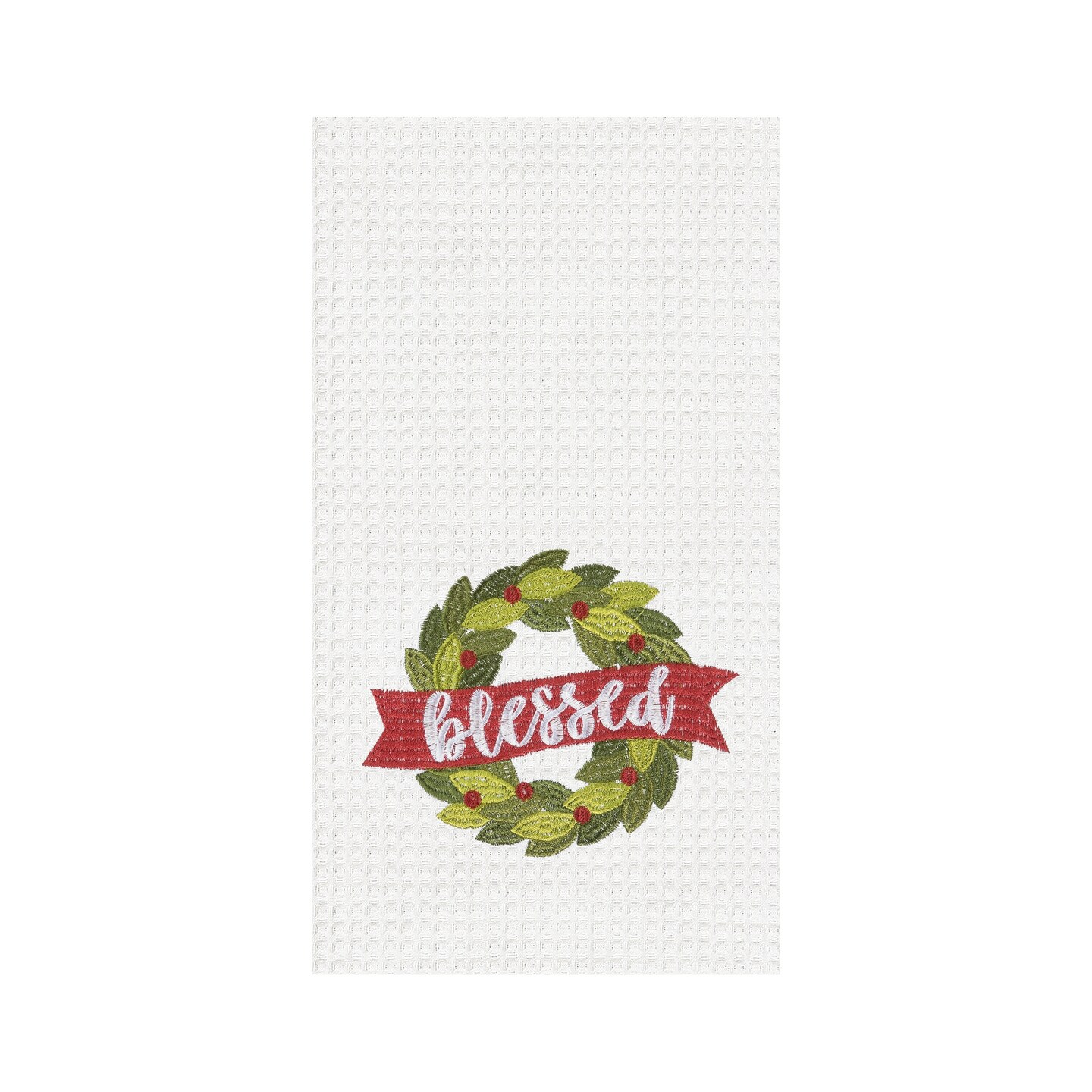 Blessed Wreath Embroidered Waffle Weave Kitchen Towel