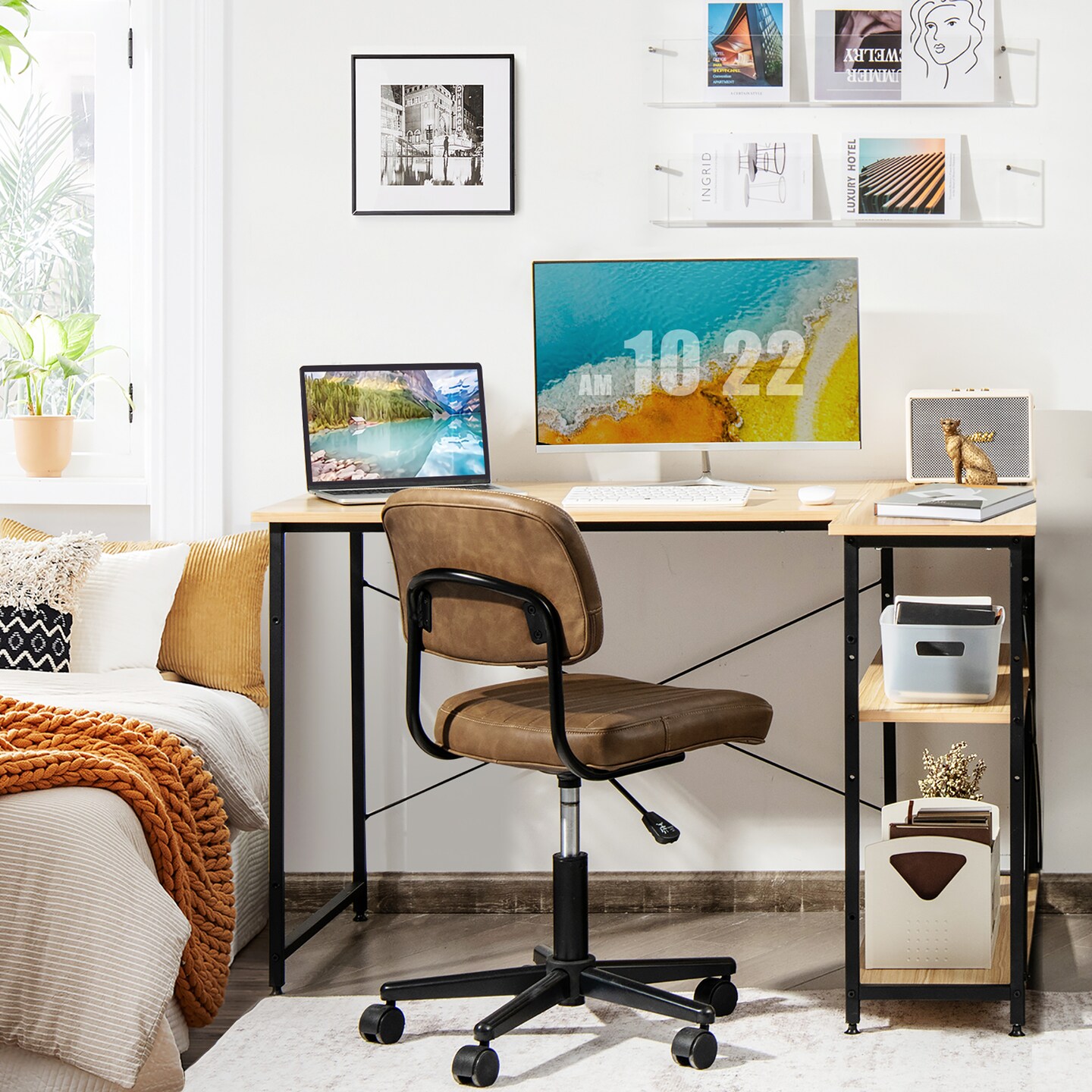 Costway 48&#x27;&#x27; Reversible L Shaped Computer Desk Home Office Table Adjustable Shelf Brown\Gray\Natural