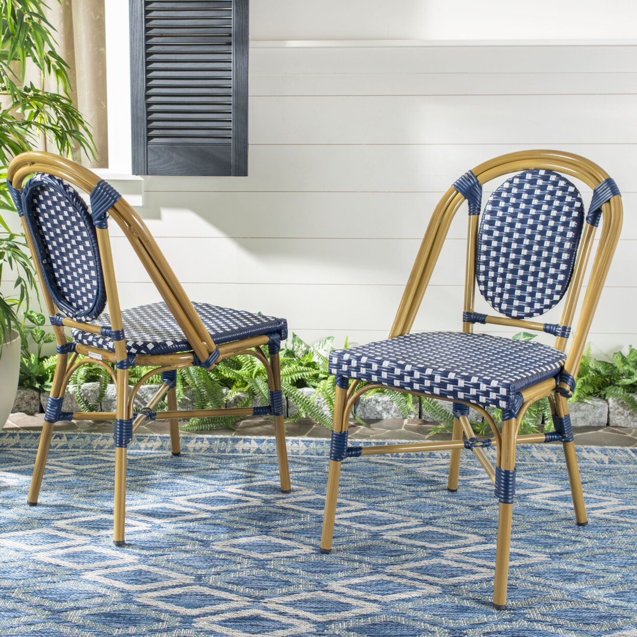 Safavieh   Outdoor Collection Lenda Stackable Bistro Chair Navy/White/Brown Frame