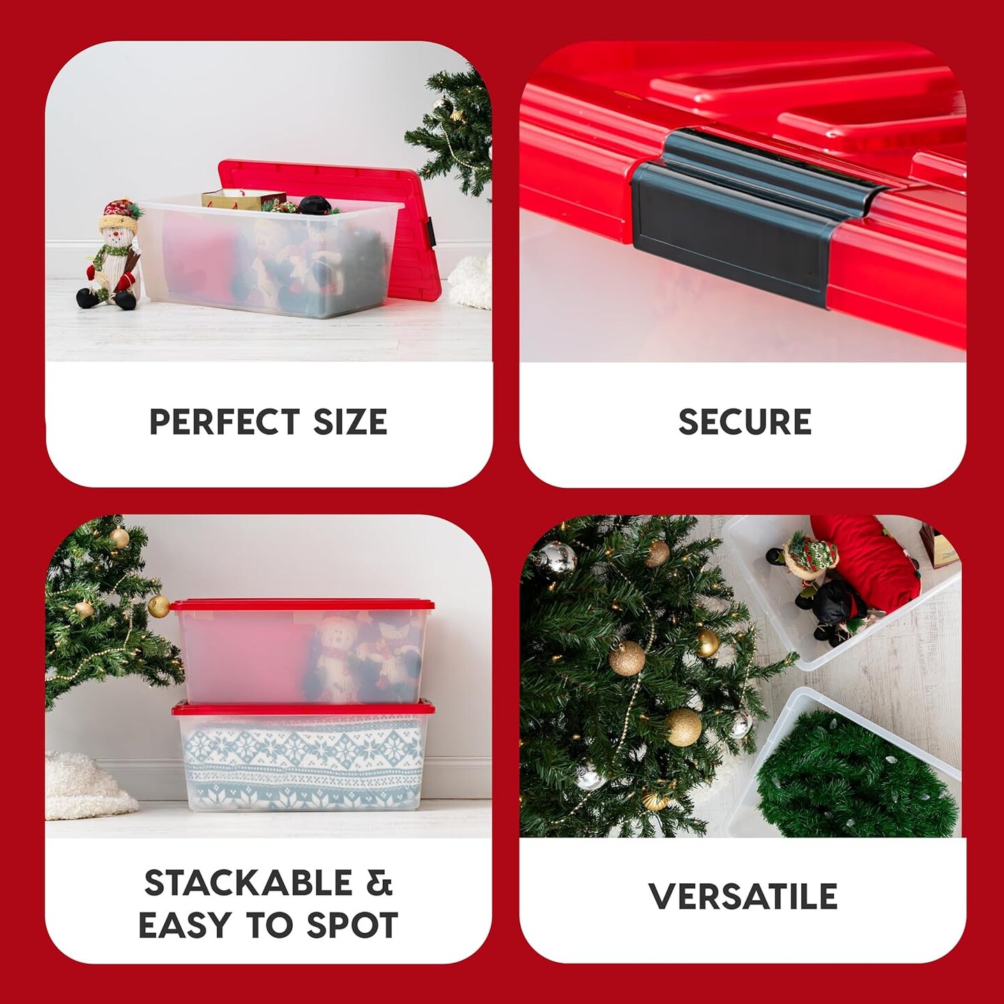IRIS Christmas Plastic Storage Bins with Lids and Secure Latching Buckles, Holiday Red