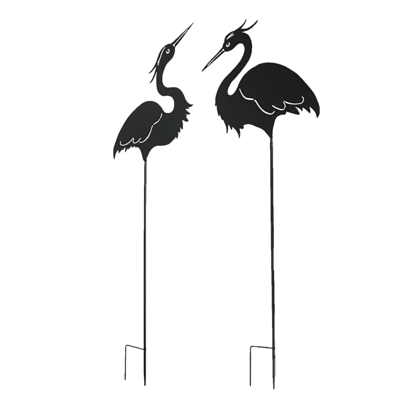 Set / 2 Black Laser-Cut Heron Silhouette Cutout Metal Bird Garden Stakes 43 Inch
