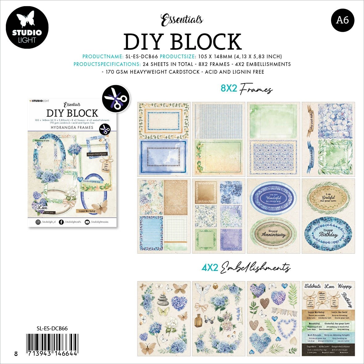 Studio Light Diecut Block Sheets 24/pkgNr. 66, Hydrangea Frames