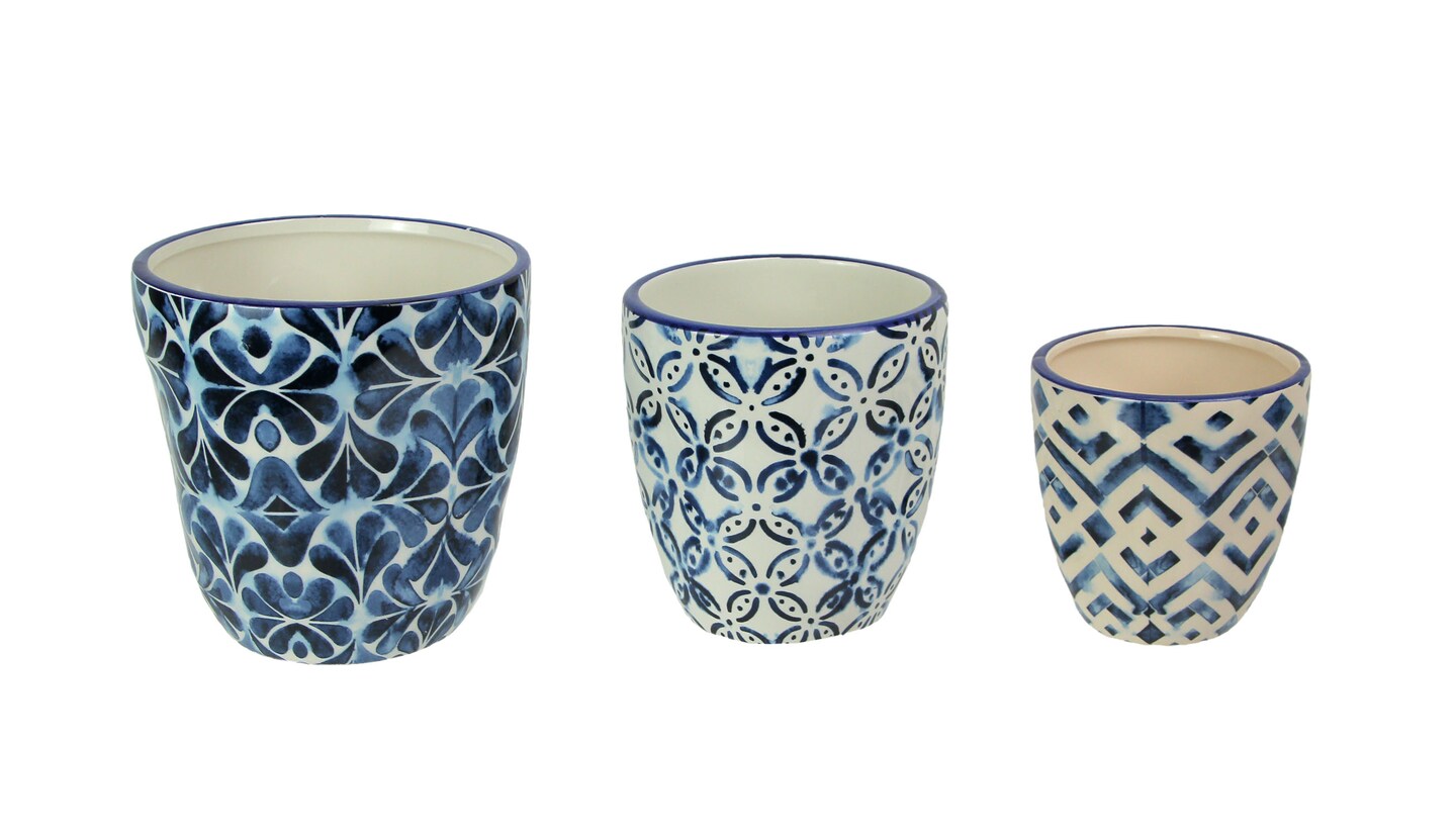Set of 3 Blue and White Ceramic Geometric Design Mini Planter Pots
