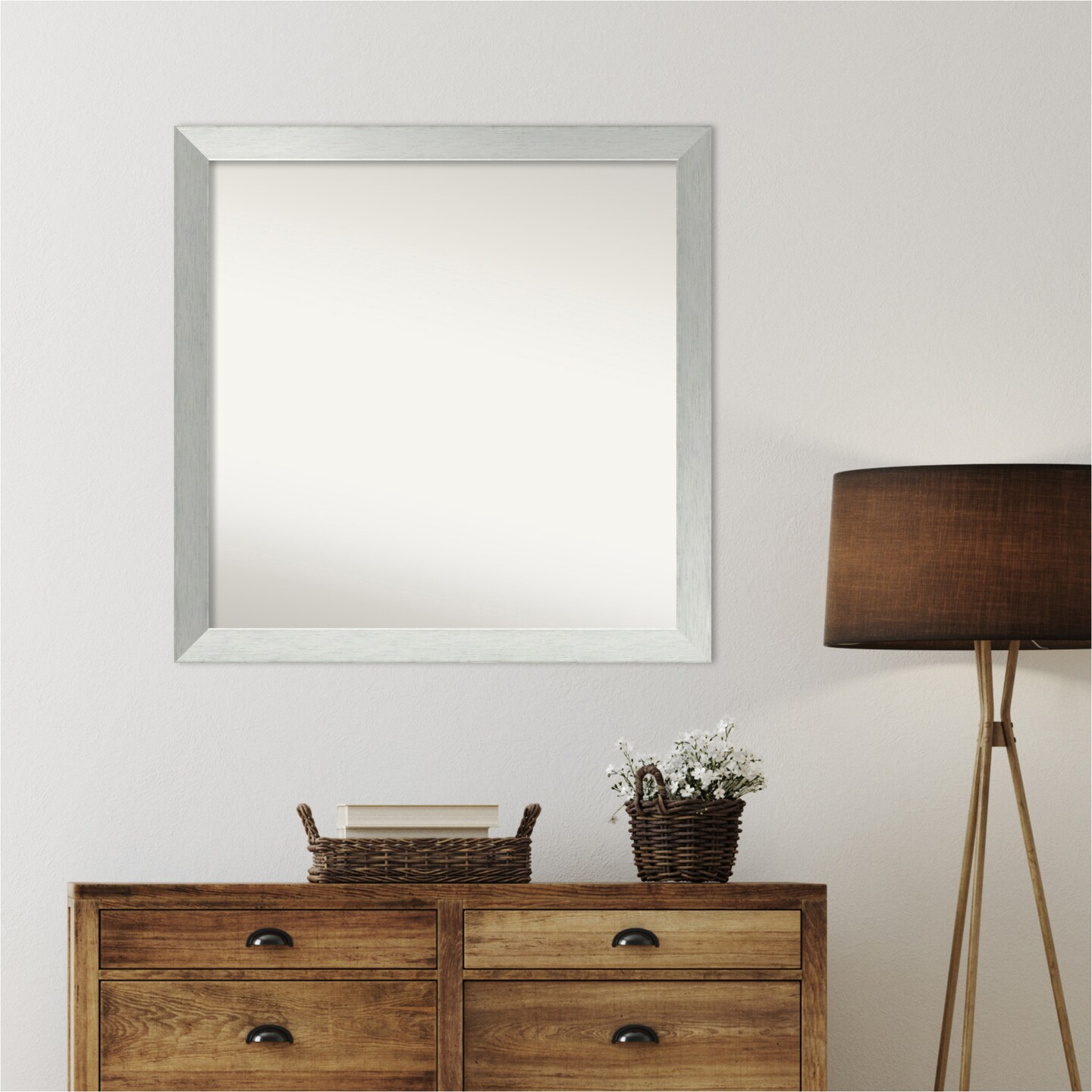 Brushed Sterling Silver Non-Beveled Custom Framed Bathroom Vanity Wall Mirror