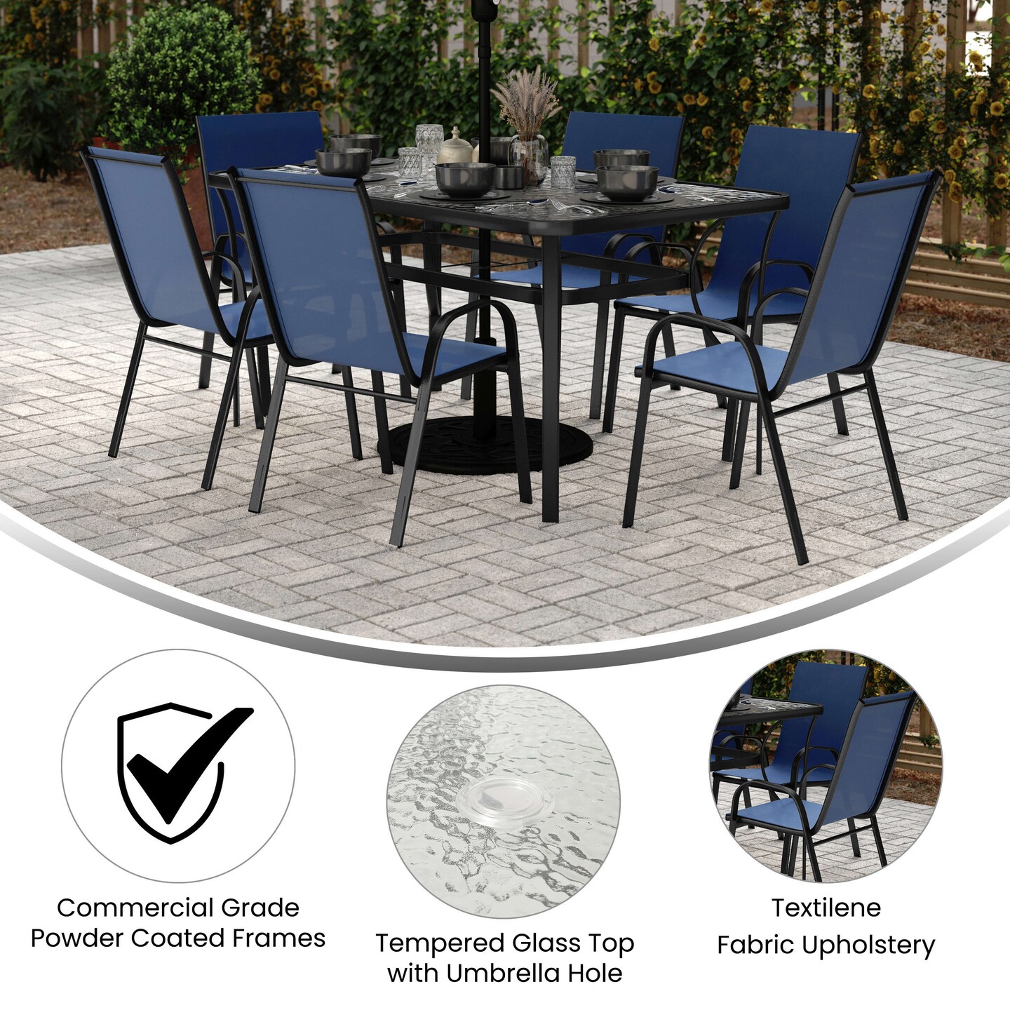 Merrick Lane Bardwell 7 Piece Outdoor Dining Table Set for 6 with Glass-Top Patio Table and 6 Stack Chairs with Flex Comfort Material