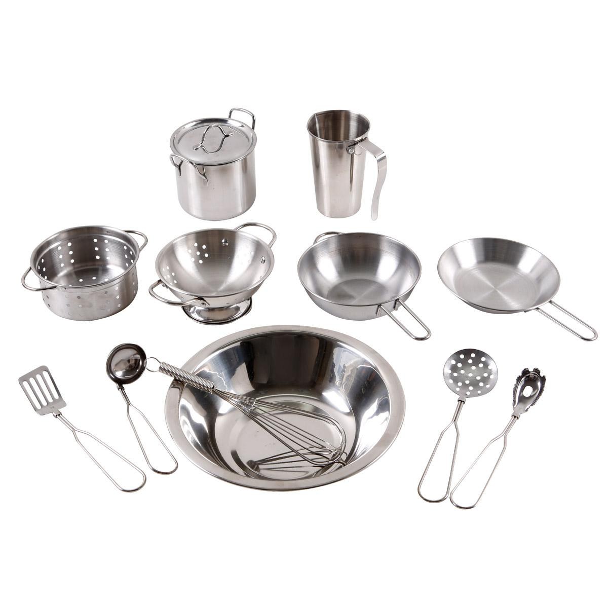 Playwell Dramatic Play Stainless Steel Kitchen Set with Utensils - 12 Pieces