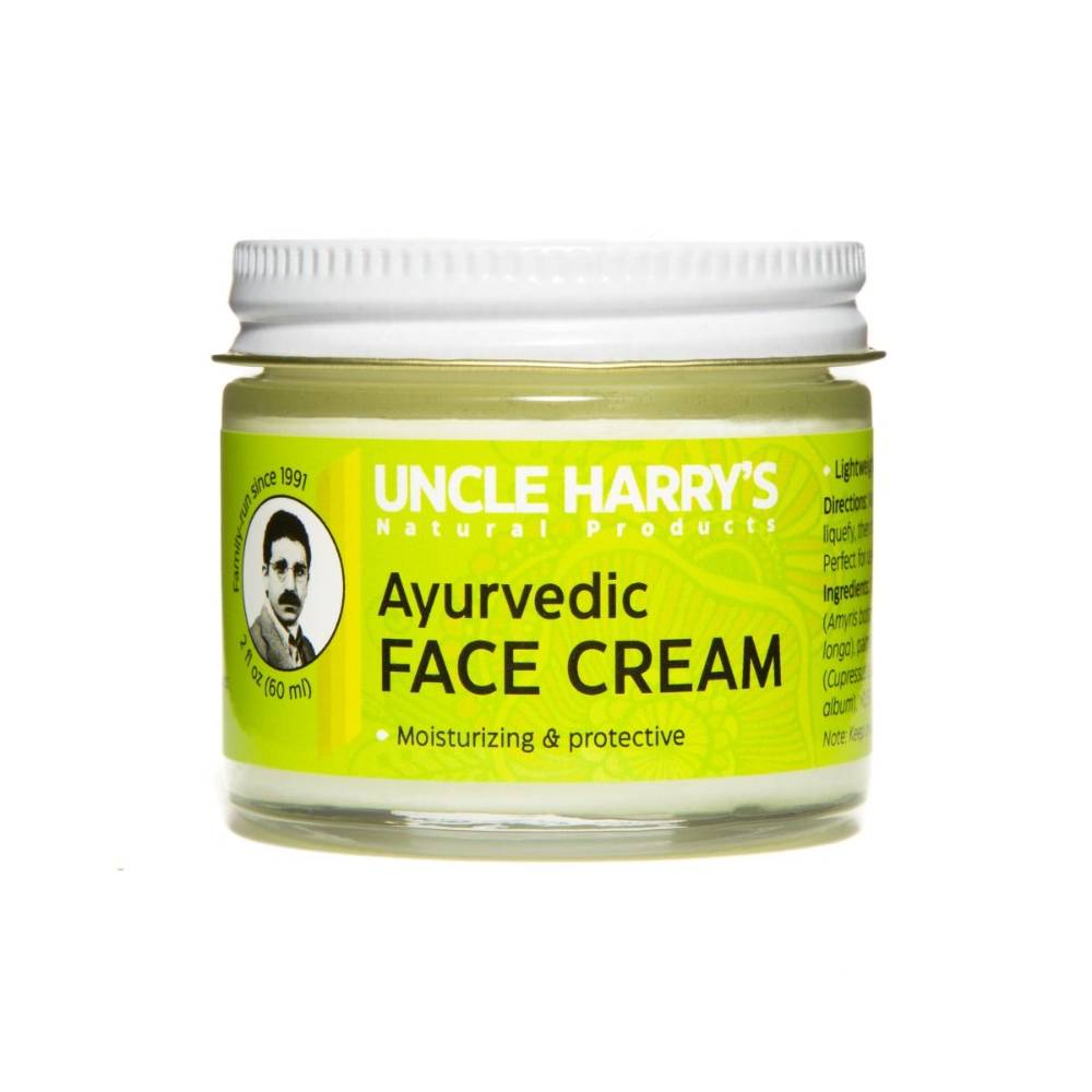 Uncle Harry&#x27;s Natural Products Ayurvedic Face Cream with Jojoba Esters and Pure Essential Oils of Turmeric, Sandalwood, Palmarosa, and Cypress for Day and Night Use, Vegan, 2 oz Glass Jar