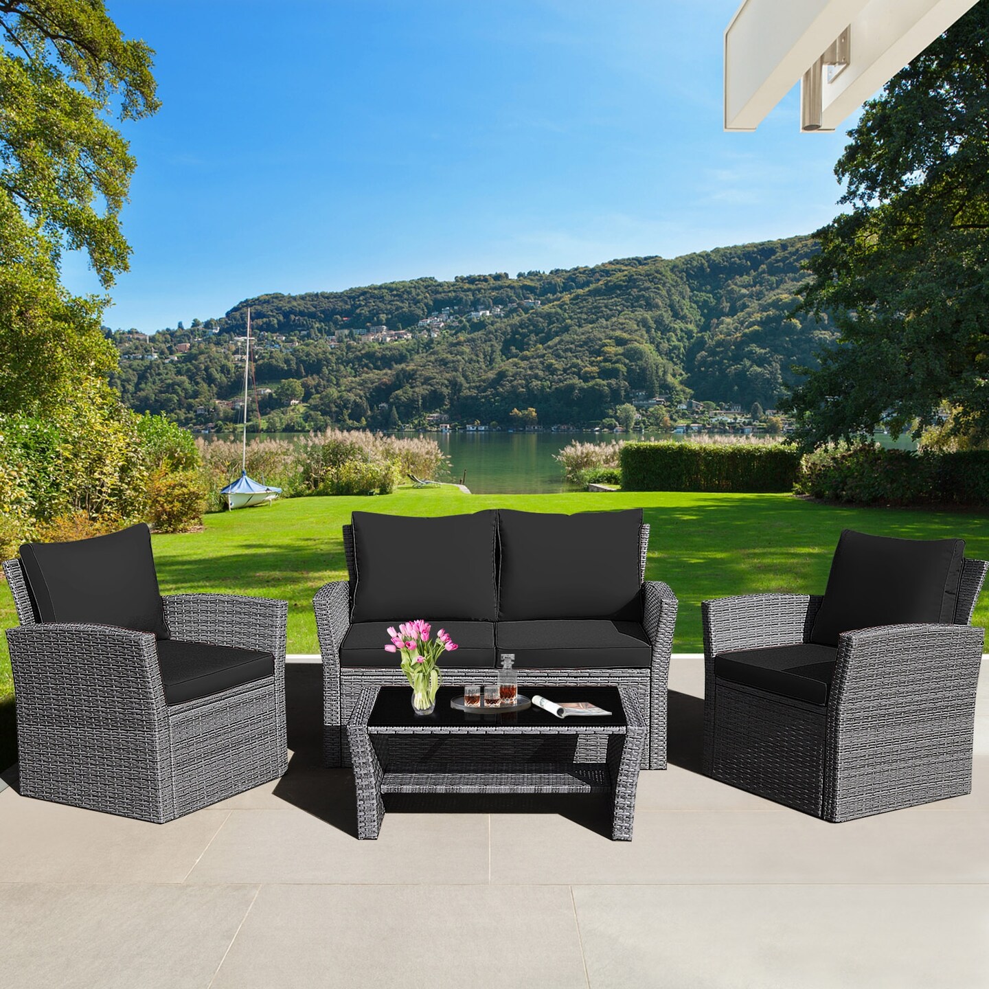 4 Pieces Patio Rattan Furniture Set Sofa Table with Storage Shelf Cushion