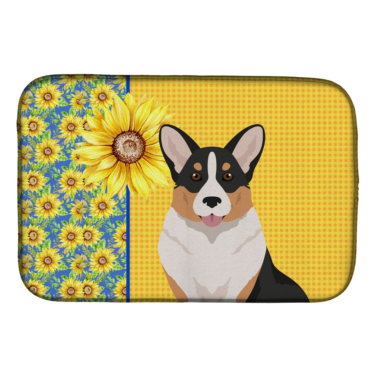 Caroline&#x27;s Treasures Summer Sunflowers Tricolor Cardigan Corgi Dish Drying Mat