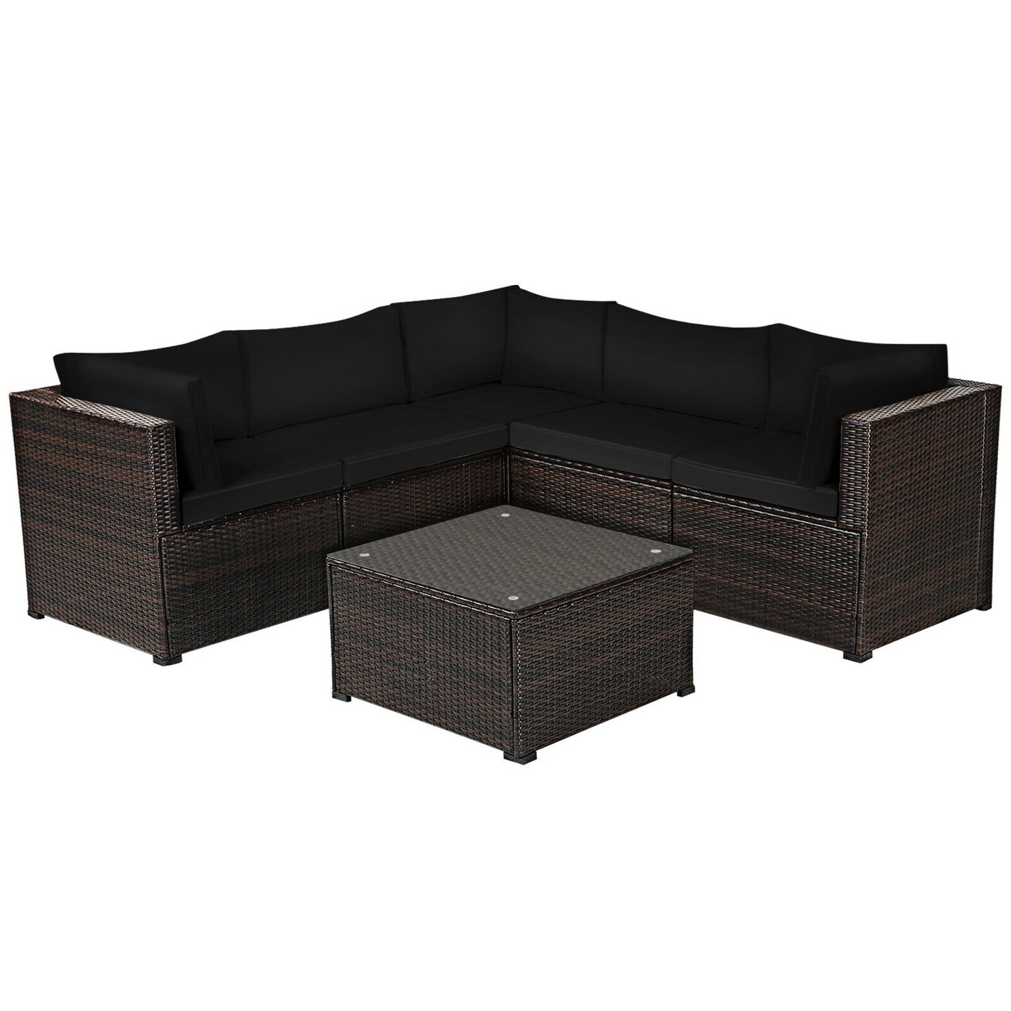6 Pieces Patio Rattan Furniture Set Sectional Cushioned Sofa Deck