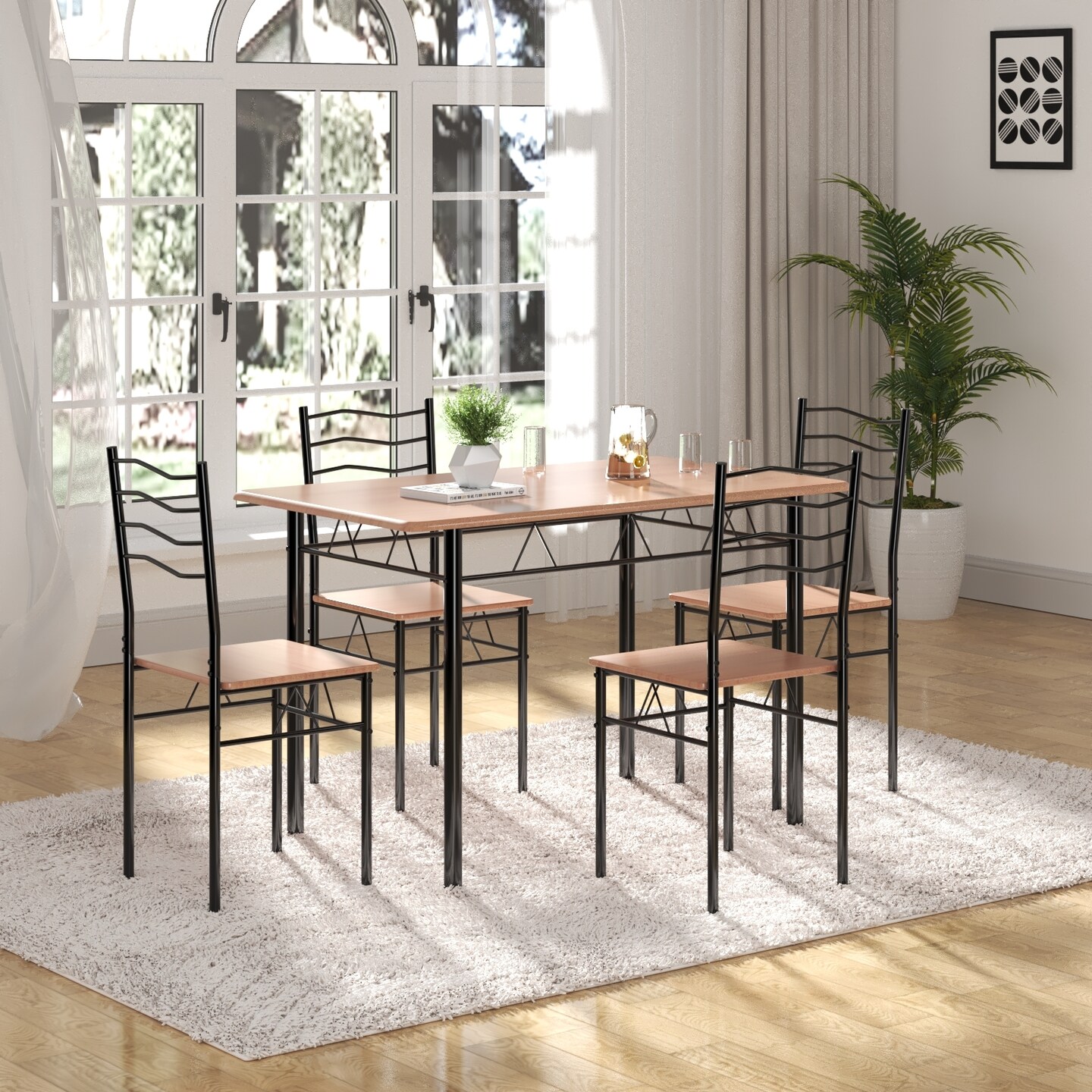 5 pcs Wood Metal Dining Table Set with 4 Chairs
