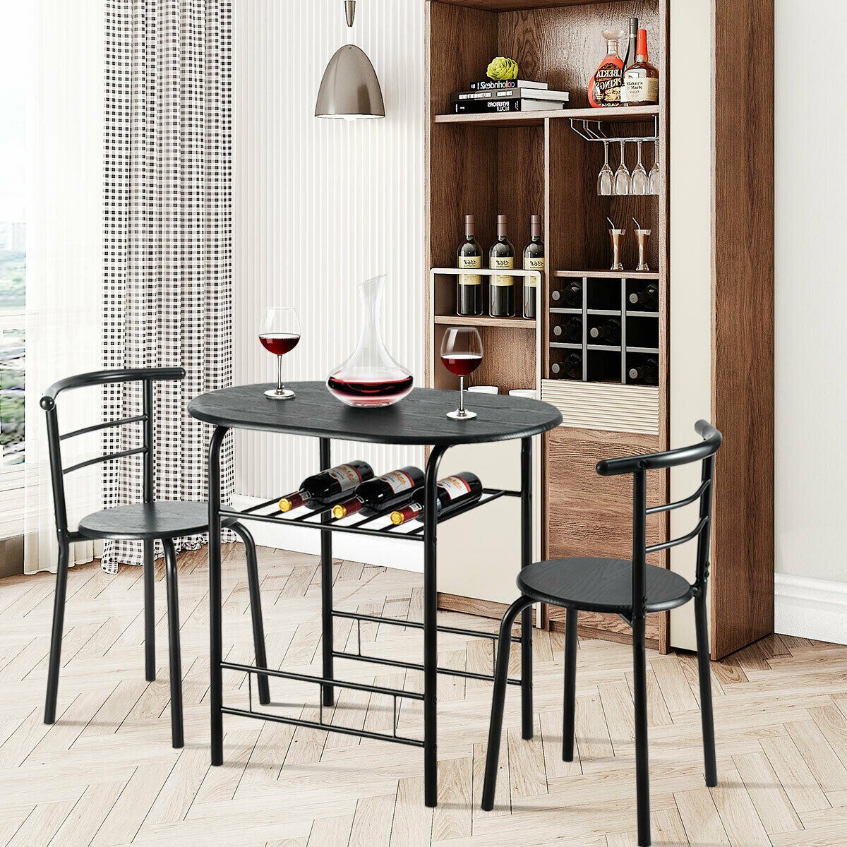 3-Piece Space-Saving Bistro Set with Wine Rack and Painted Steel Frame