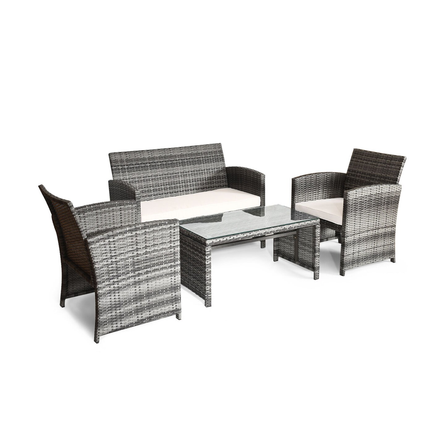4 Pieces Patio Rattan Furniture Set with Glass Table and Loveseat