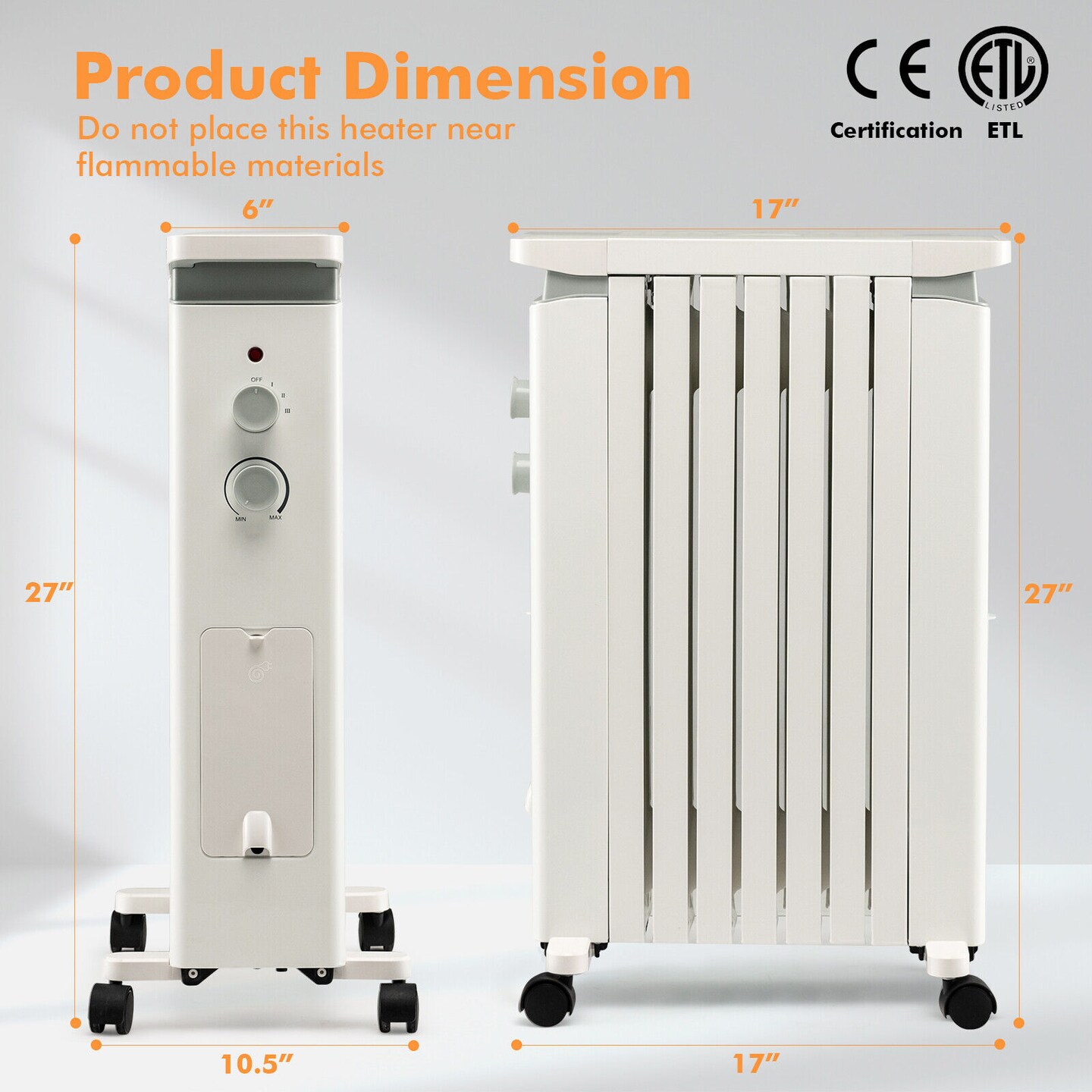 1500W Portable Oil Filled Radiator Heater with 3 Heat Settings and Humidification Box